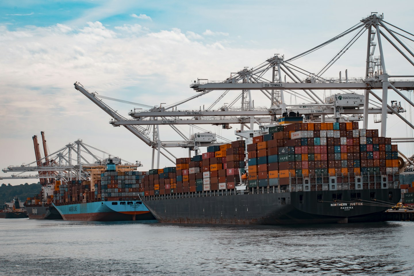 Container ships and cranes at a maritime cargo terminal